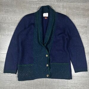 Susan Bristol Knit Cardigan Navy Green Speckled Wool Blend Shawl‎ Collar